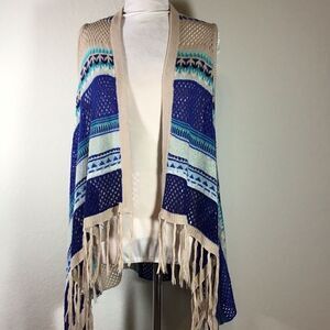 Say What Vintage Vest Blue stripe Sweater Boho Chic Sleeveless Fringe Size M